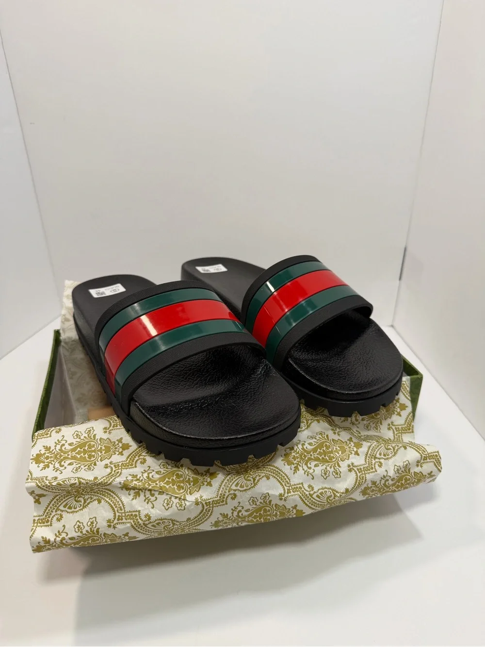 Gucci Black Slides with Red & Green Striped Band
